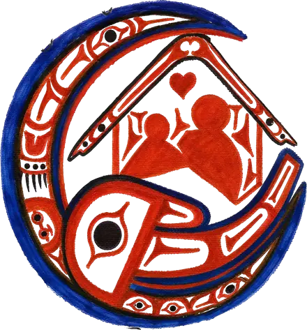 The Eddy Shelter logo: a formline raven curled inside a crescent, sheltering a house with two figures and a heart.